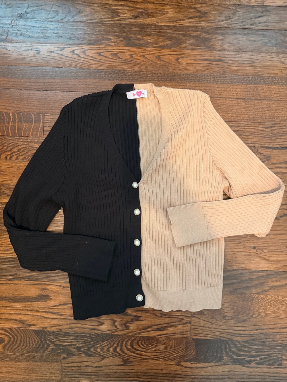 Buddy Love Two-Tone Ribbed Button-Front Sweater Cardigan - Black & Beige Large